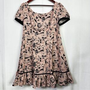 Spin Doctor Skull Crow Midi Dress Womens Gothic Witchy Ruffle Hem XL Pink